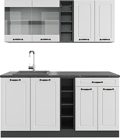 Vicco Singleküche R-Line, Weiß Landhaus/Anthrazit, 160 cm, AP Anthrazit