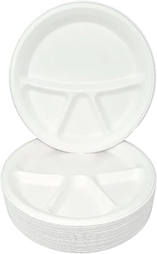 ECONX 4 Compartment Bagasse Plates 12 Inch Disposable Compostable Dinner Party Plates Heavy Duty Clamshell Eco Friendly Plates Perfect for Everyday USE Party Picnic BBQ (25)