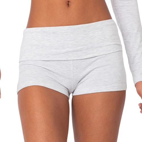Y2k Damen Strick-Shorts, Umklappbare Lounge-Shorts, Niedrige Taille, Hellgrau, S
