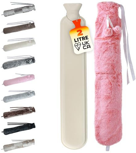 LKH Long Hot Water Bottle with Cover - 2L Extra Long Hot Water Bottle with Faux Fur Washable Cover, Pom Poms - 72CM HotWater Bottle for All Kinds of Pain Relief - Gifts for Women