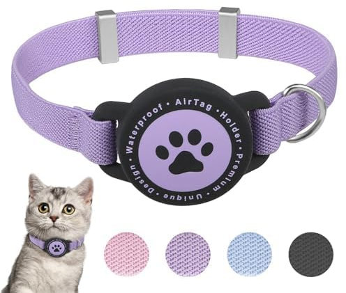 Airtag Katzenhalsband, Dehnbares Kätzchenhalsband mit Apple Air Tag Halterung, Leicht und Bequem, Ultra Elastische GPS Katzenhalsbänder für Katzen, Kätzchen und Welpen [Lila]