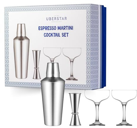 Espresso Martini Cocktail Set / 500ml Cocktail Shaker with Set of 2 Martini Glasses and Double Jigger Spirit Measure