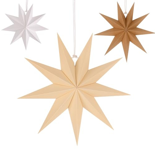 Papiersterne Weihnachten 40cm & 30cm & 25cm - Braun, Hellbraun, Weiß - 9 Zackig Stern zum Weihnachtskugel Aufhängen Faltstern Weihnachten Papier Stern Weihnachts Set Dekoration
