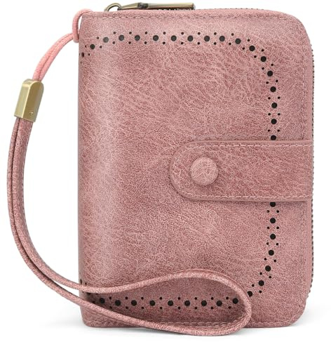 GOUNNU Geldbörse Damen klein, Geldbeutel RFID Schutz, Portemonnaie PU Leder, Kleiner Portmonee Damen mit vielen Kartenfächern und Handgelenkschlaufe Brieftasche Kurzformat (Rosa)
