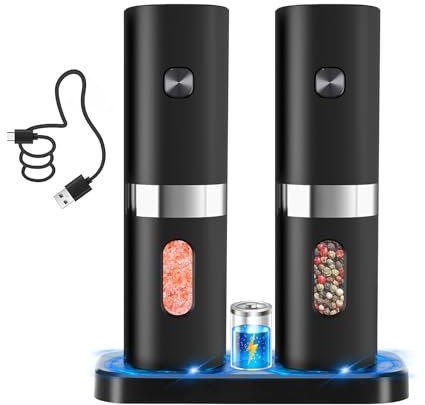 Salz und Pfefferstreuer Elektrische 2er Set, Automatische Pfeffermühle mit Ladestation, USB-aufladbar Gewürzmühle elektrisch, Einstellbare Grobheit, Einhandbedienung, Keramikgrill, LED Licht
