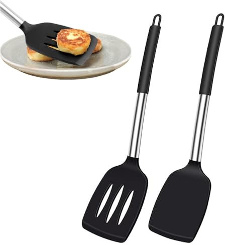 2 Stücke Pfannenwender, Pfannkuchenwender Silikon Good Grip Schlitz Turner Spatel,Pfannenwender Silikon Zum zum Kochen, Backen, Pfannkuchen, Schwarz,34.8cm
