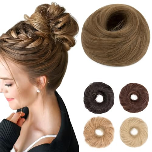 Benehair Haarteil Mit Gummiband Dutt Haarteil Haargummi Mit Haaren Synthetisch Haarverlängerung Haardutt Messy Bun für Damen Mädchen(Hellbraune Mischung aus natürlichem Blond, 55g)