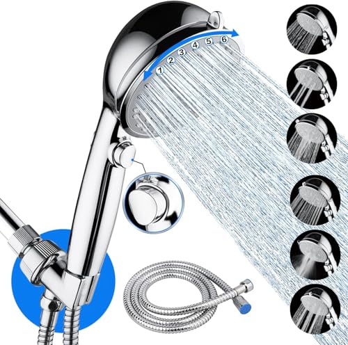 VewePata Handbrause-Set mit 6+1 Strahlarten, Hochdruckbrause mit wassersparendem Ein-/Ausschalter (Silber-Duschkopf mit Schlauch)