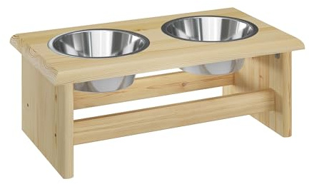 Erst-Holz® Futterstation für Hunde und Katzen mit Zwei Edelstahlschüsseln in DREI Größen S, M, L V-30.33, Größe: M