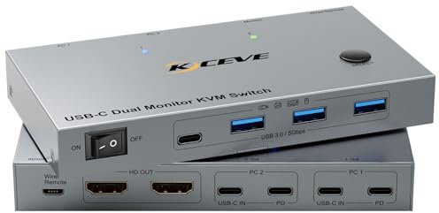KCEVE KVM Switch 2 Monitors 2 Laptops USB C, KVM Switch Dual Monitor HDMI 4K@60Hz for 2 Laptops Share 4 USB 3.0 Devices with 80W PD, with 2 USB-C Cables and Wired Remote