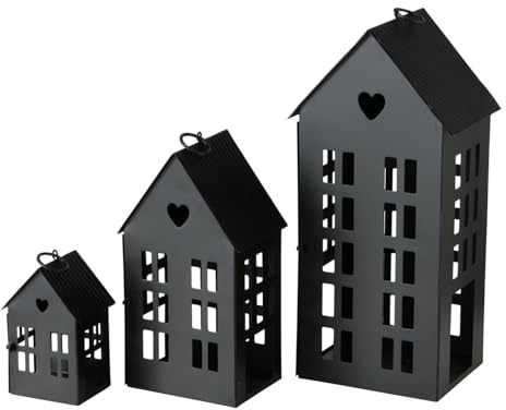 mucHome Dekorative Windlicht-Häuser 3er Set Kerzenhalter aus Metall Laterne Dekokerze Dekoration Häusermotive Windlichter Teelichthalter (Schwarz)
