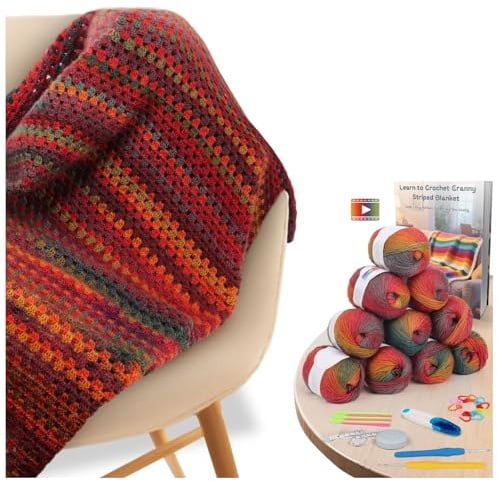 Aeelike Häkeln-Decken-Set für Anfänger, Vintage-Regenbogen-Decke, Komplettes Starter-Häkelset mit ausreichend warmem Ombre-Wollgarn, Video-Anleitung, Einfache Häkel Set für Häkel-Fans