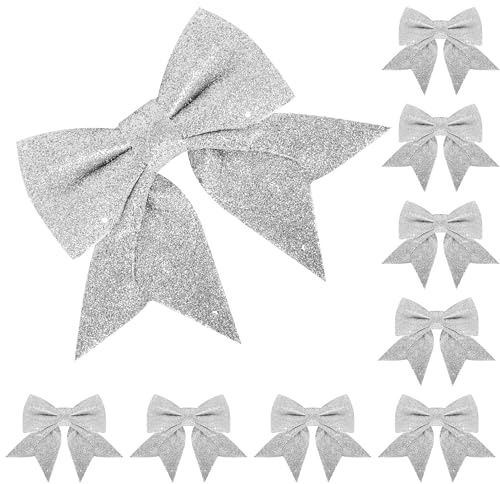 LLUOXI 8 Pack Silver Glitter Christmas Bows – 5 x 7 Inch Wide Festive Gift Wrapping Bows, Elegant Xmas Tree & Wreath Decorations for Garland, Crafting Supplies and Holiday Party Decor