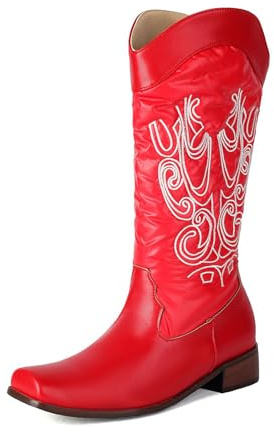 Generico Donna Punta Quadrata Stivali Lunghi con Ricamo Cuciti Tacco A Blocco metà Polpaccio Stivali Pelle PU Stival Western da Cowboy,Rosso,44 EU