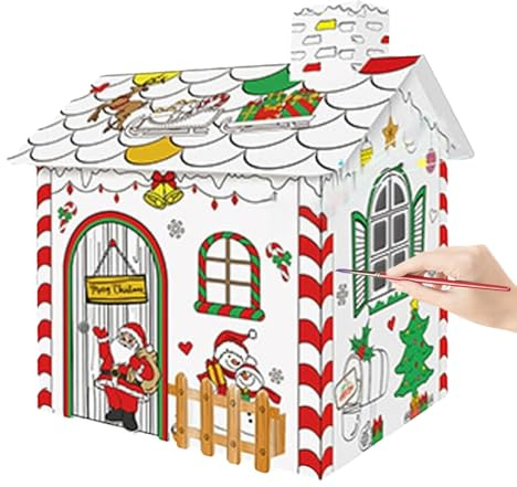 Haus zum Ausmalen von Weihnachten – Großes Spielhaus 33 x 27 x 38 cm für Kleinkinder | Färben Sie Ihr eigenes Bastelset aus Karton für Kindergarten, Kindergarten, Garten