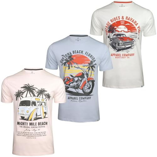 Xact Men's T Shirts 3 Pack 100% Cotton Crew Neck Short Sleeve Regular Fit – Printed Casual T-Shirts for Men UK