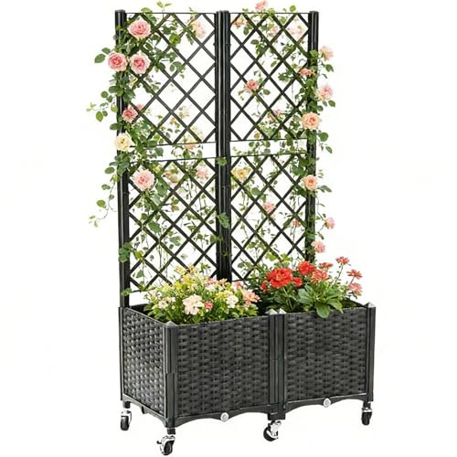 Generisch Blumenkasten mit Sichtschutz, PflanzküBel mit Rankgitter & Feststellbaren Rollen, Pflanzkasten Rankhilfe Spalier füR Blumen, GemüSe Im Garten, Terrasse und Balkon (Schwarz, 2 Set)