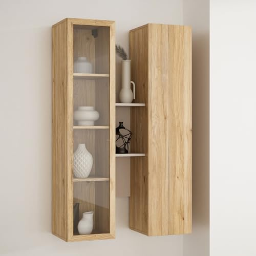 Forte BREATHTAKER Hängevitrine 80 90, moderner Skandi-Stil, 2-türig, beleuchtet, offene Ablage, Wandmontage, Beige/Mauvella Eiche Holzdekor, 84,2 cm breit x 134,6 cm hoch x 33,9 cm tief