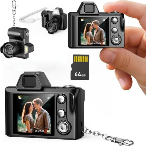 Ouitble Mini Llavero Cámara Digital Cámara Fotográfica 1080P de 1,3 Pulgadas con Memoria de 64 GB, Ultraportátil con 5 Filtros Divertidos Flash, Tamaño de Bolsillo para Pri