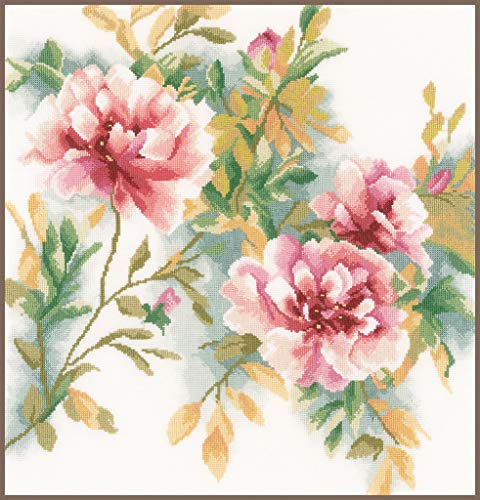 Lanarte Kreuzstich Stickpackungen Gezählter Kreuzstichbilder Set ROSENZWEIG Wanddekoration Handarbeit Set für Erwachsene 40 x 40 cm DIY Deko Bastelset Handwerker Kreative Geschenkset