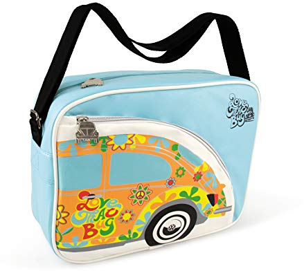 BRISA VW Collection - Volkswagen Schulter-Umhänge-Reise-Tasche-Freizeit-Bag mit VW Käfer Motiv (Käfer/Hellblau/Unisex/34 cm)