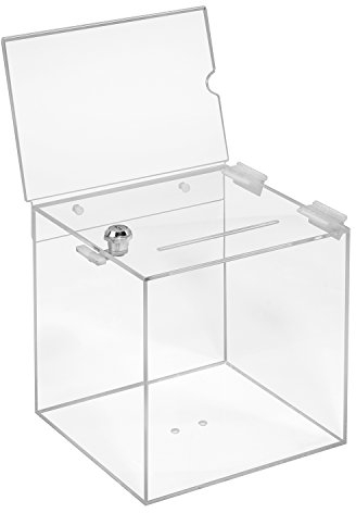 Losbox aus Acrylglas in 200x200x200mm mit Schloß und Topschild DIN A5 Quer - Zeigis® / Spendenbox/Aktionsbox/Gewinnspielbox/transparent/durchsichtig/Acryl/Plexiglas® / abschließbar/versperrbar