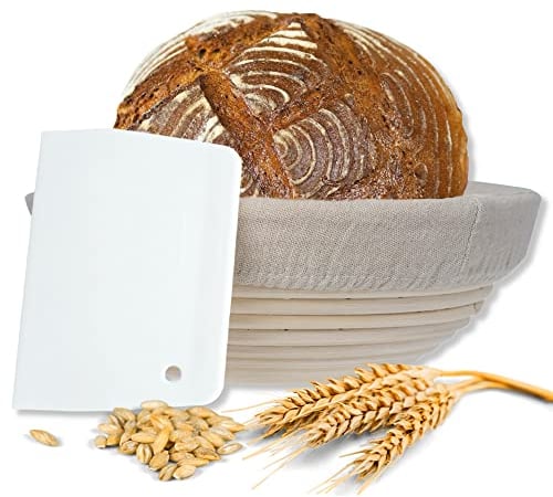 riijk Gärkörbchen + Teigschaber – Der ideale Gärkorb aus natürlichem Peddigrohr (rund, 22 cm) – mit Leineneinsatz, rostfrei geklammert