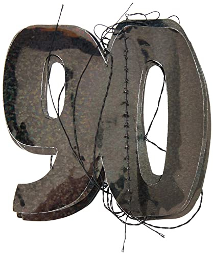 Shatchi 90th Glitz Black & Silver Anniversary Birthday Metallic Hanging String Decorations, Shiny Foil Banner for Party Doors and Walls, Pack of 6