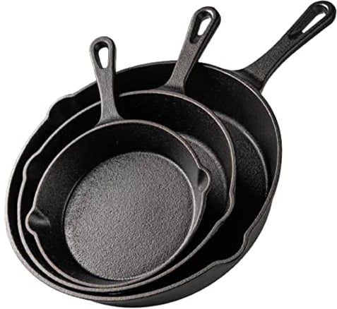 nuovva Pre-Seasoned Cast Iron Skillet Frying Pans Oven Safe Cookware for Indoor & Outdoor Use - Grill, StoveTop, Black (3-Piece Chef Set 6-Inch 15cm, 8-Inch 20cm, 10-Inch 25cm)