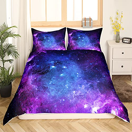 Galaxy Bettwäsche Set 135x200 cm für Mädchen Jungen Kinder Sternenhimmel Bettbezug Set Blau Lila mit 1 Kissenbezügen Stars Stil Betten Set Ultraweicher Mikrofaser-Reißverschluss Grelle Farbe
