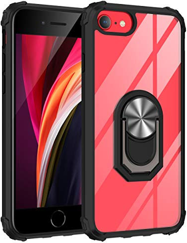 UEEBAI Case for iPhone SE 2020 iPhone 7 iPhone 8 iPhone 6 iPhone 6S, Acrylic Crystal Clear Ring Holder Case Ultra Slim Shockproof TPU Bumper Hard PC Case Rotatable Ring Kickstand Cover - Black&Silver
