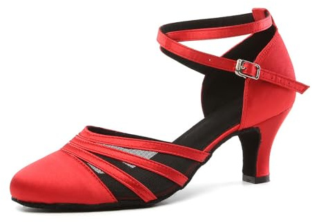 YKXLM Chaussures de Danse Latine pour Femmes Chaussures de Danse Tango Valse Sociale Salsa en Mesh Satinee,6CM,Rouge,40 EU