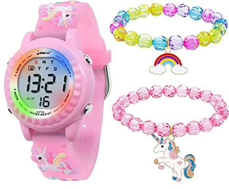 HMJIA Orologio da polso 3D, per bambini, ragazzi e ragazze, impermeabile fino a 3 ATM, con sveglia/data/cronometro/LED (Led Unicorno Rosa)