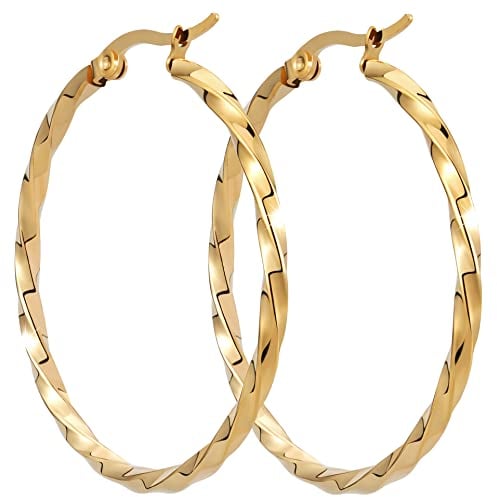 BONNYBIRD® Creolen Gold Groß Gedreht Edelstahl Damen Statement Ohrringe Goldene Frauen Kreolen Hoops 40mm Wasserfest Schmuck Vergoldet Hypoallergen Chirurgenstahl Medizinisch Nickelfrei Dünn Rund