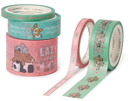 Legami - Set di 5 Nastri Adesivi di Carta, Tape By Tape, Ø 4,5 cm, H max 3 cm L 5 m, Tema Cute Animals, Coloratissimi, per Incollare, Decorare e Personalizzare
