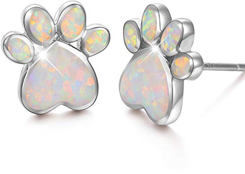 Pfotenabdruck Ohrstecker für Damen Mädchen Welpe Hund Katze Haustier Labor Opal Ohrring 925 Sterling Silber Tierohrschmuck Geburtstagsgeschenke