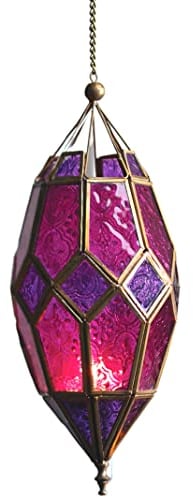 Moroccan Style Hanging Glass Tealight Lantern (Medium Purple/Pink)