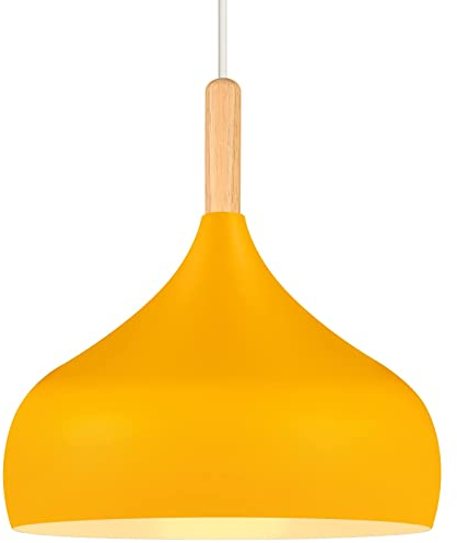 iDEGU Hängelampe Retro 24cm Hängeleuchte Moderne Skandinavisch E27 Deckenleuchte aus Metall Holz Pendelleuchte für Schlafzimmer Esszimmer Küche Wohnzimmer (Orangegelb,1 Stück)