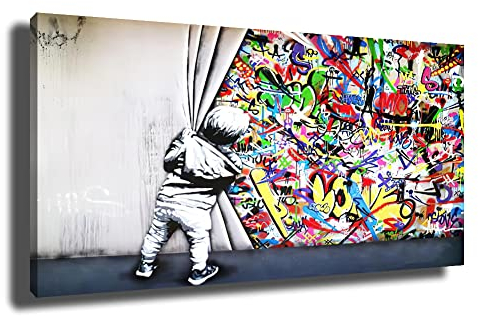 chongjian Banksy Graffiti-Gemälde Wandkunst Bilder Leinwand Behind the Curtain Graffiti Street Art Leinwandgemälde Poster und Drucke Wohnzimmer Wanddekoration (Kein Rahmen-A, 20x40inch)