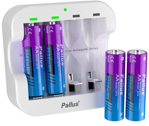 Pallus Rechargeable AA Lithium Batteries, 4 Pack 3500mWh High Capacity Lithium AA Battery with Fast Charger, 1600+ Long Cycle Double A Li-Ion Battery