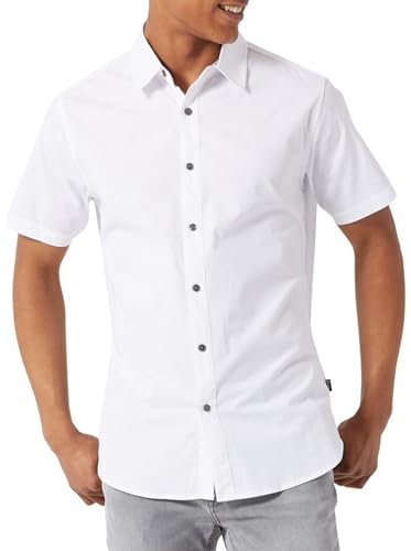 DKNY Mens Short Sleeve Button Down Shirts – Modern Fit, Breathable Stretch Cotton, Button Up Short Sleeve Dress Shirt for Men, White, Medium