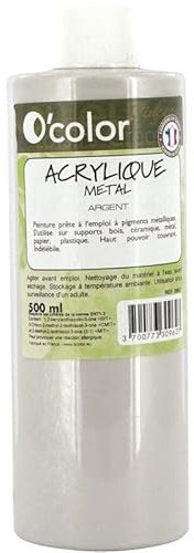Peinture acrylique, coloris métallique Argent - Flacon de 500 ml