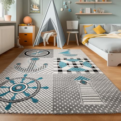 SIMPEX Teppich Rund Kinderzimmer Piraten-Leuchtturm-Anker-Kompass-Design Kurzflor Kinderteppich mädchen Spielteppich Modern Design Babyzimmer Teppiche für Junge und Mädchen Extra Weich 160 cm Rund