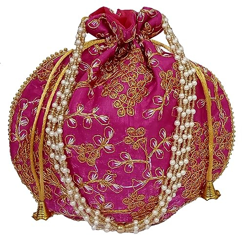 Purpledip Sac Potli en soie (pochette, sac à main avec cordon) : sacoche complexe en fil doré brodé pour femme, rose foncé (12602G), Vignes roses, Large