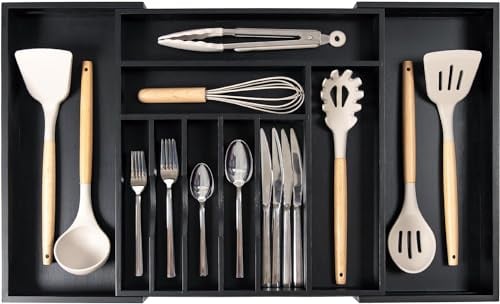KitchenEdge Organiseur d'argenterie, de couverts et d'ustensiles de qualité supérieure pour tiroirs de cuisine, extensible de 40,6 à 71,1 cm de large, 10 compartiments, finition noire de qualité