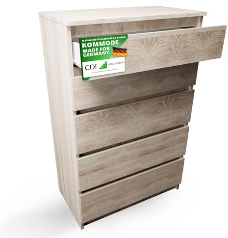 CDF Kommode 5 Schubladen Geräumigen 109 cm Hoch Schmale Eiche Sonoma Komode | Schlafzimmerkommode für Flur Büro Schlafzimmer Wohnzimmer Schubladenschrank Regal mit Schubladen Schrank Möbelstück