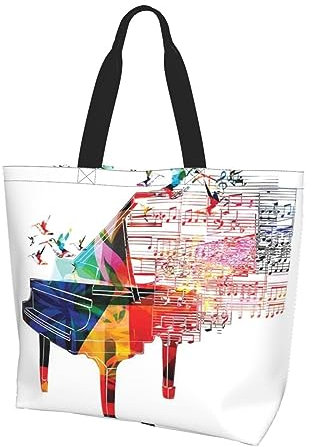 LAMAME Colorful Piano Keyboard Music printed shoulder bag leisure tote bag large capacity shopping bag handheld storage bag