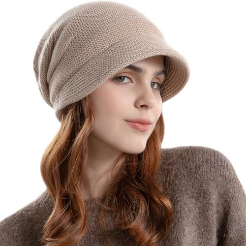 Enwokran Damen Strickmütze Beanie Mütze Gefüttert Fleece mit Krempe Baskenmütze Warme Schirmmütze für Winter (Khaki)