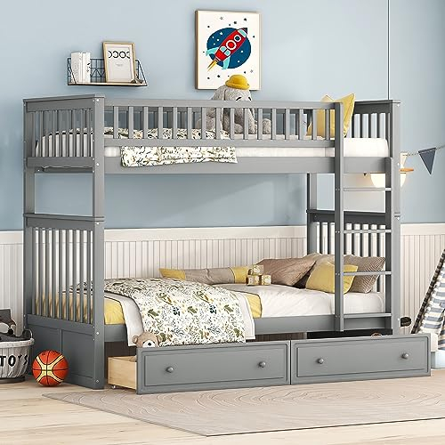 Kayan Etagenbett Kinderbett 90x200cm mit 2 Schubladen, Etagenbett mit Rausfallschutz und Lattenrost, umbaubar in Zwei Kinderbetten, Funktionsbett Hochbett Kinderbett (Grau)