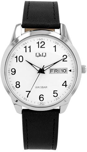 Q&Q Herren-Uhr Leder Dornschließe 5 Bar Datum Analog Quarz